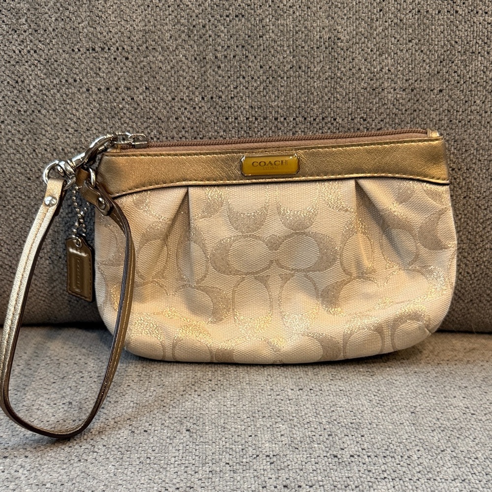 Coach Metallic Gold and Cream Signature Wristlet